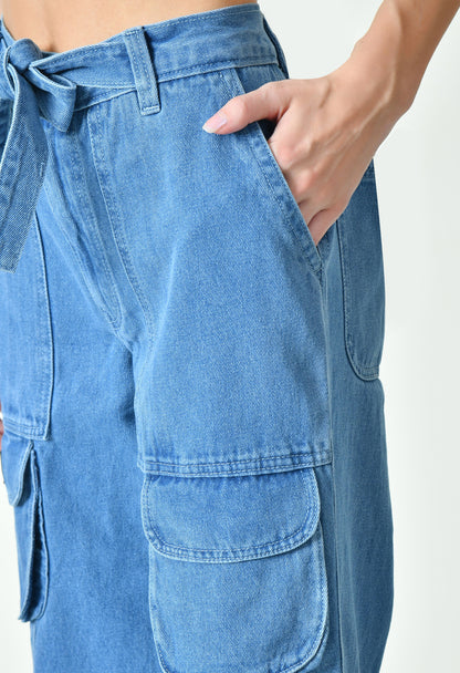 Blue Drift Denim Cargo With Drawstring Belt For Women