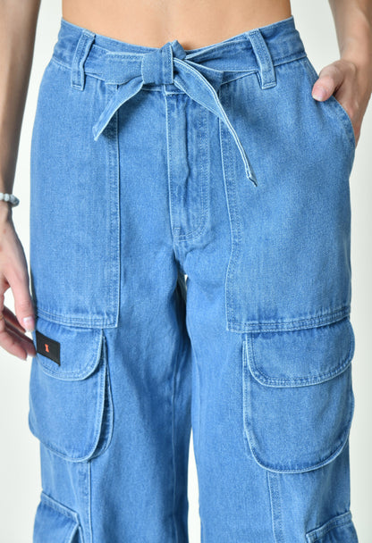 Blue Drift Denim Cargo With Drawstring Belt For Women