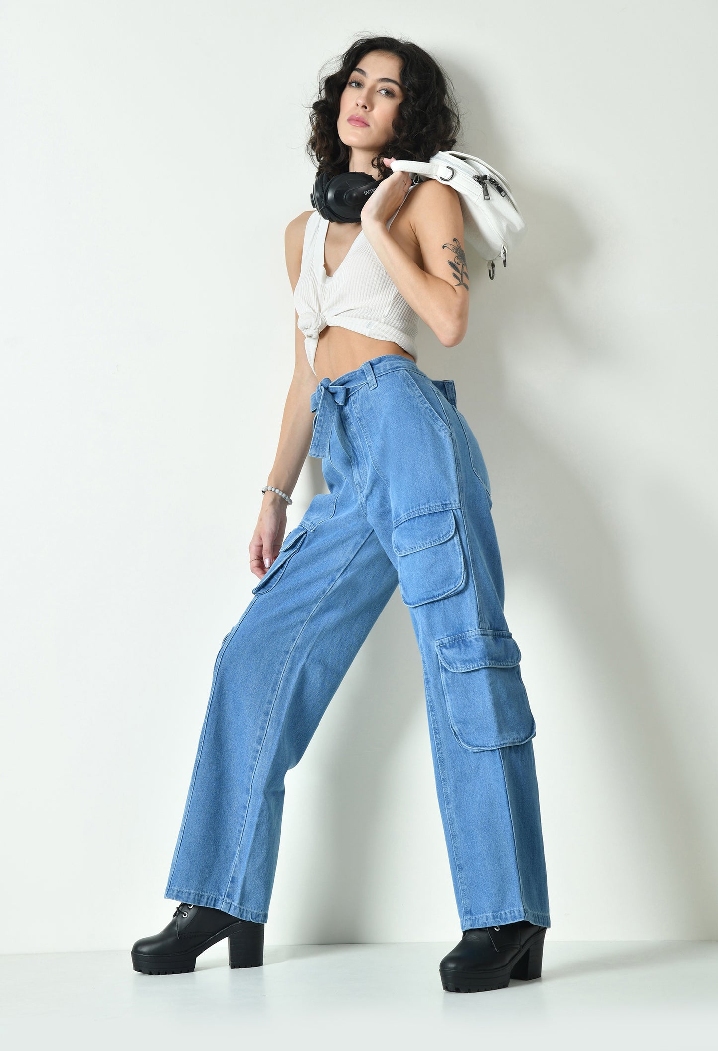 Blue Drift Denim Cargo With Drawstring Belt For Women