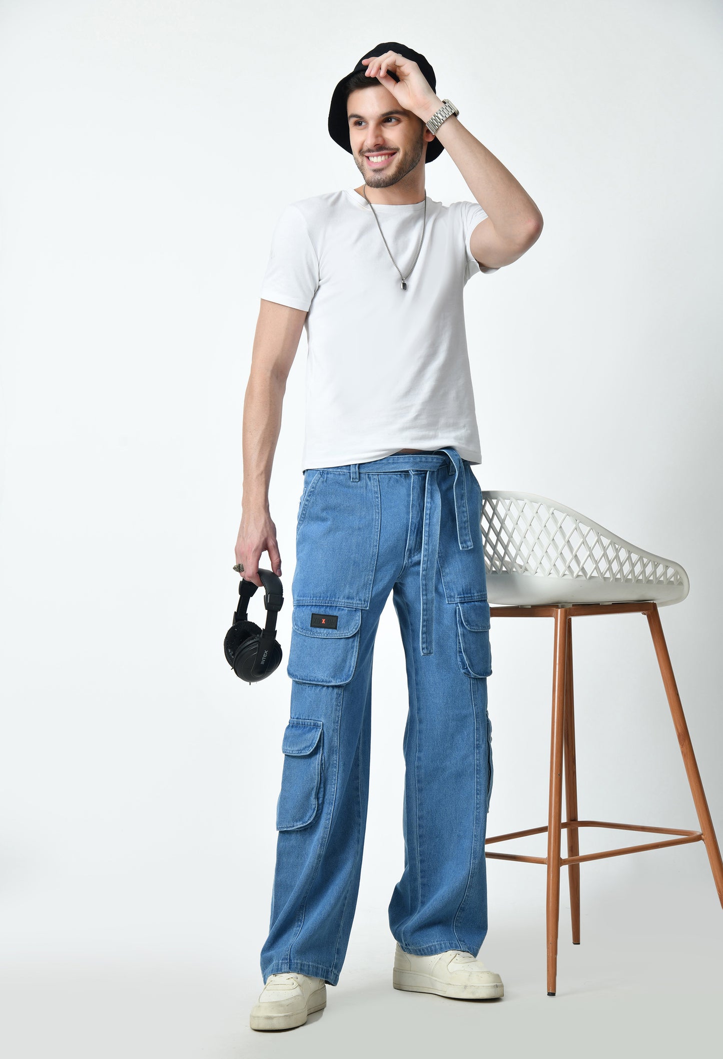 Blue Drift Denim Cargo With Drawstring Belt For Men