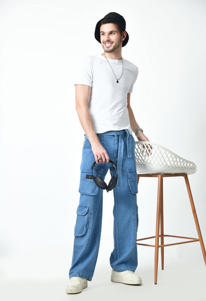 Blue Drift Denim Cargo With Drawstring Belt For Men