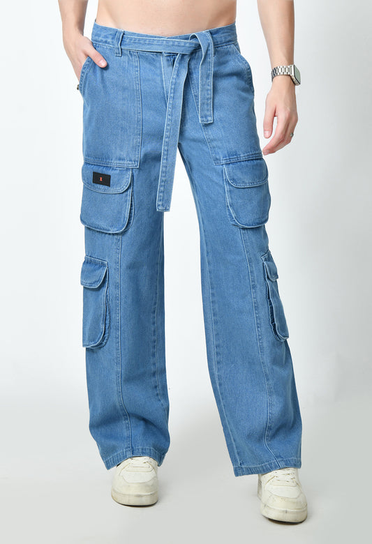 Blue Drift Denim Cargo With Drawstring Belt For Men