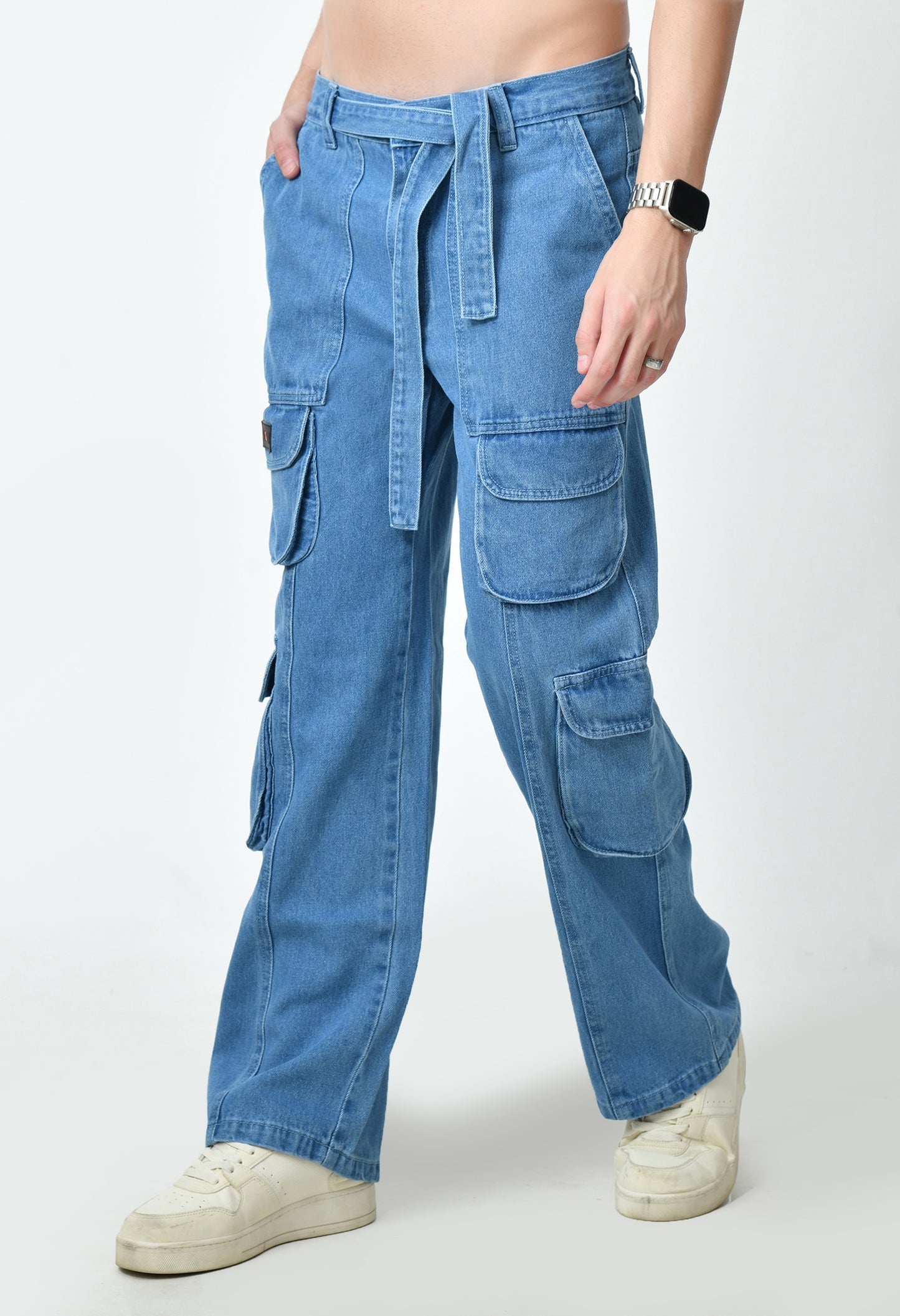 Blue Drift Denim Cargo With Drawstring Belt For Men