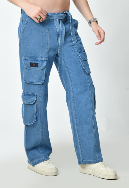 Blue Drift Denim Cargo With Drawstring Belt For Men