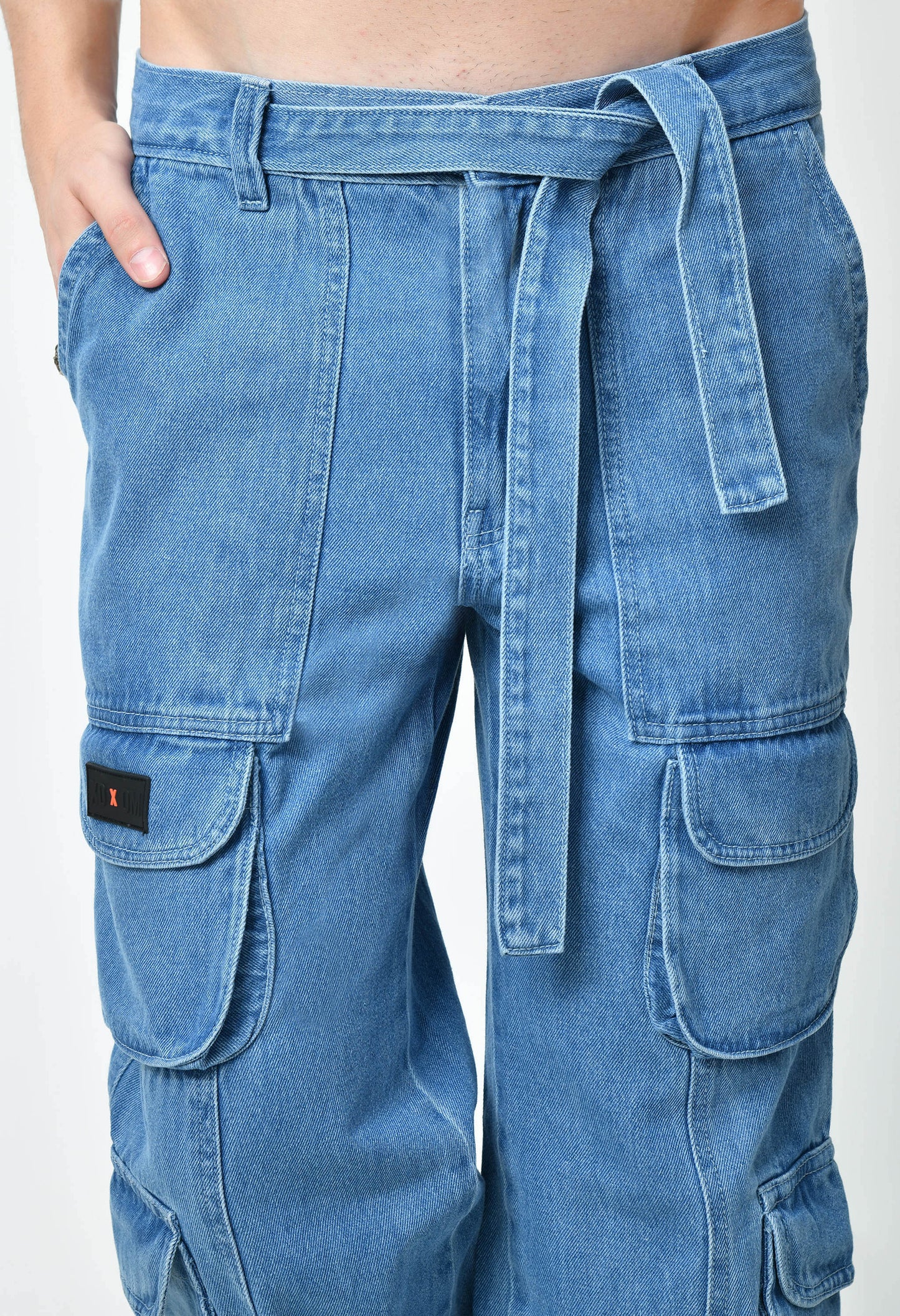 Blue Drift Denim Cargo With Drawstring Belt For Men