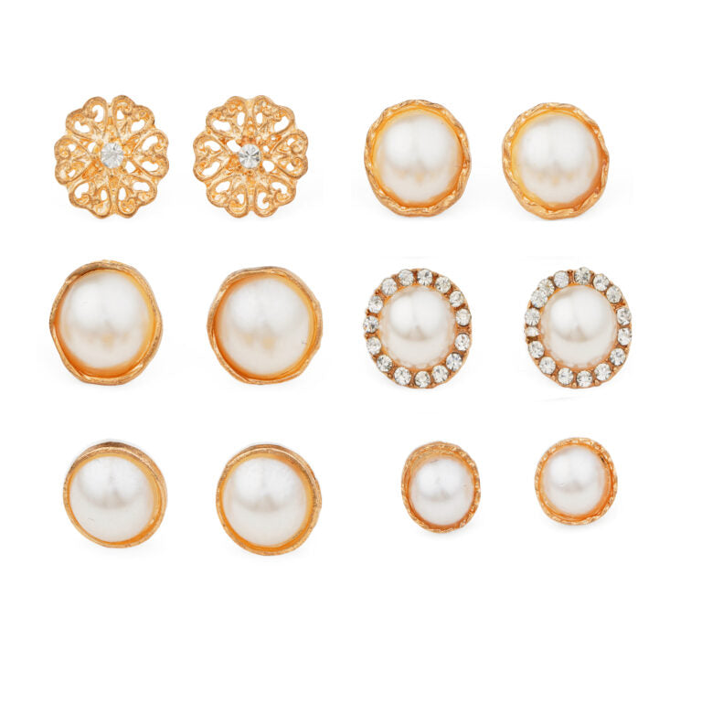 Gold-Polished Pearl & Floral Stud Combo (Set of 6) for Women