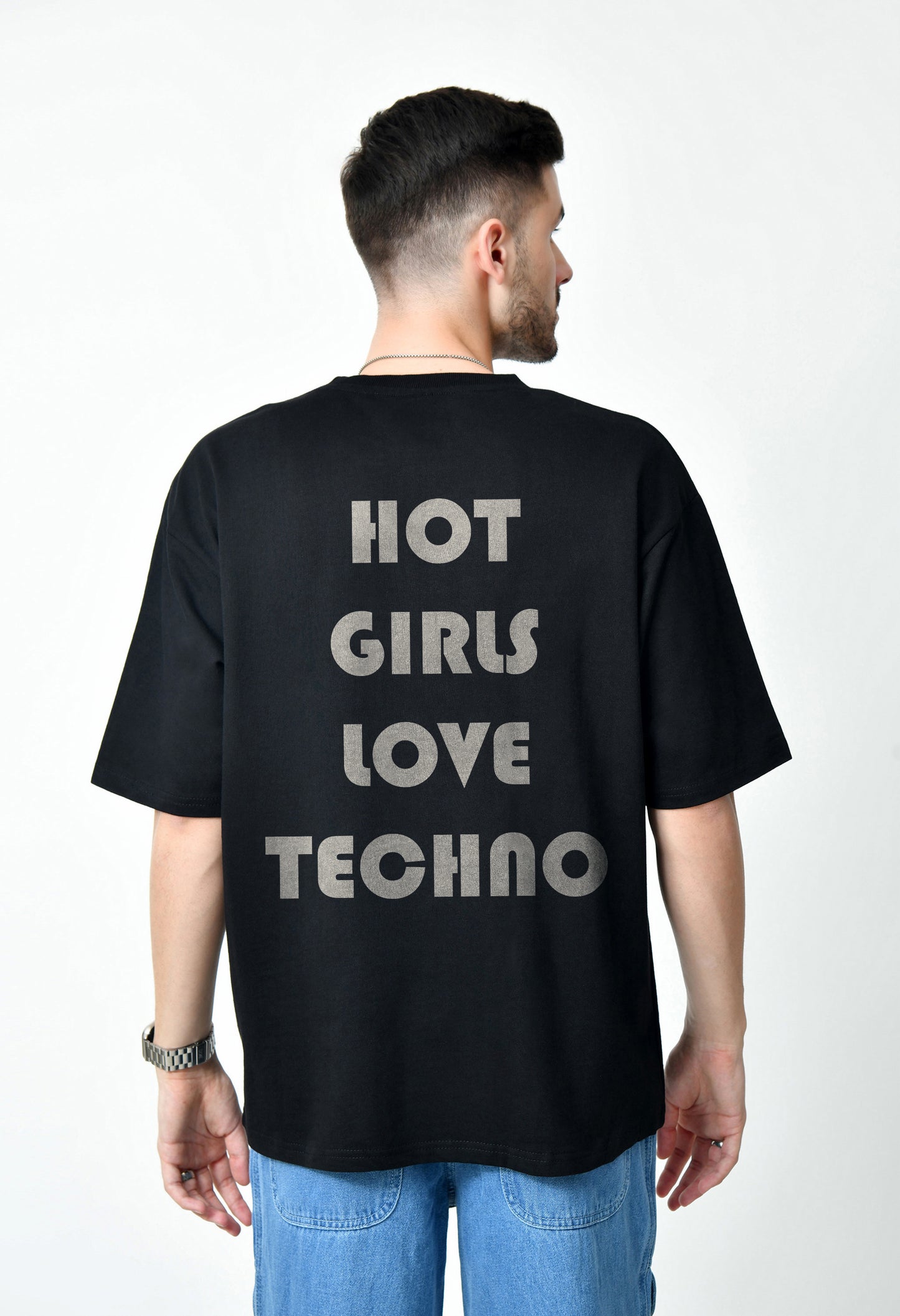 Hot Girls Love Techno Black Men's Oversized T-Shirt