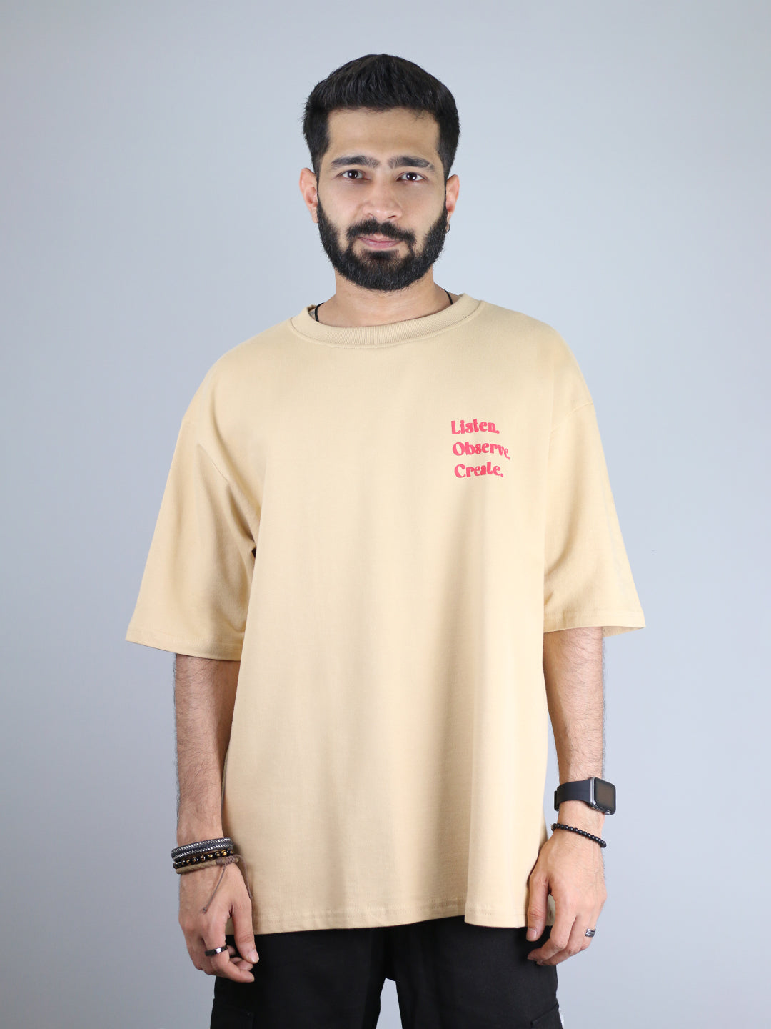 Listen Observe Create Puff Printed Beige Unisex Oversized T-Shirt