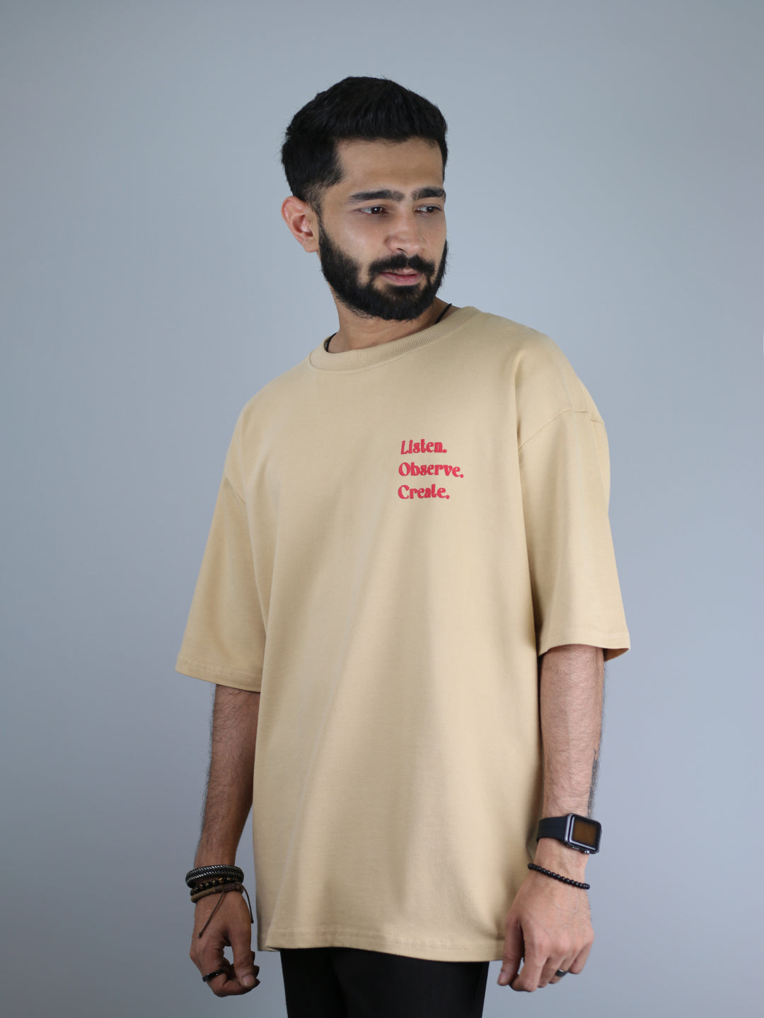 Listen Observe Create Puff Printed Beige Unisex Oversized T-Shirt