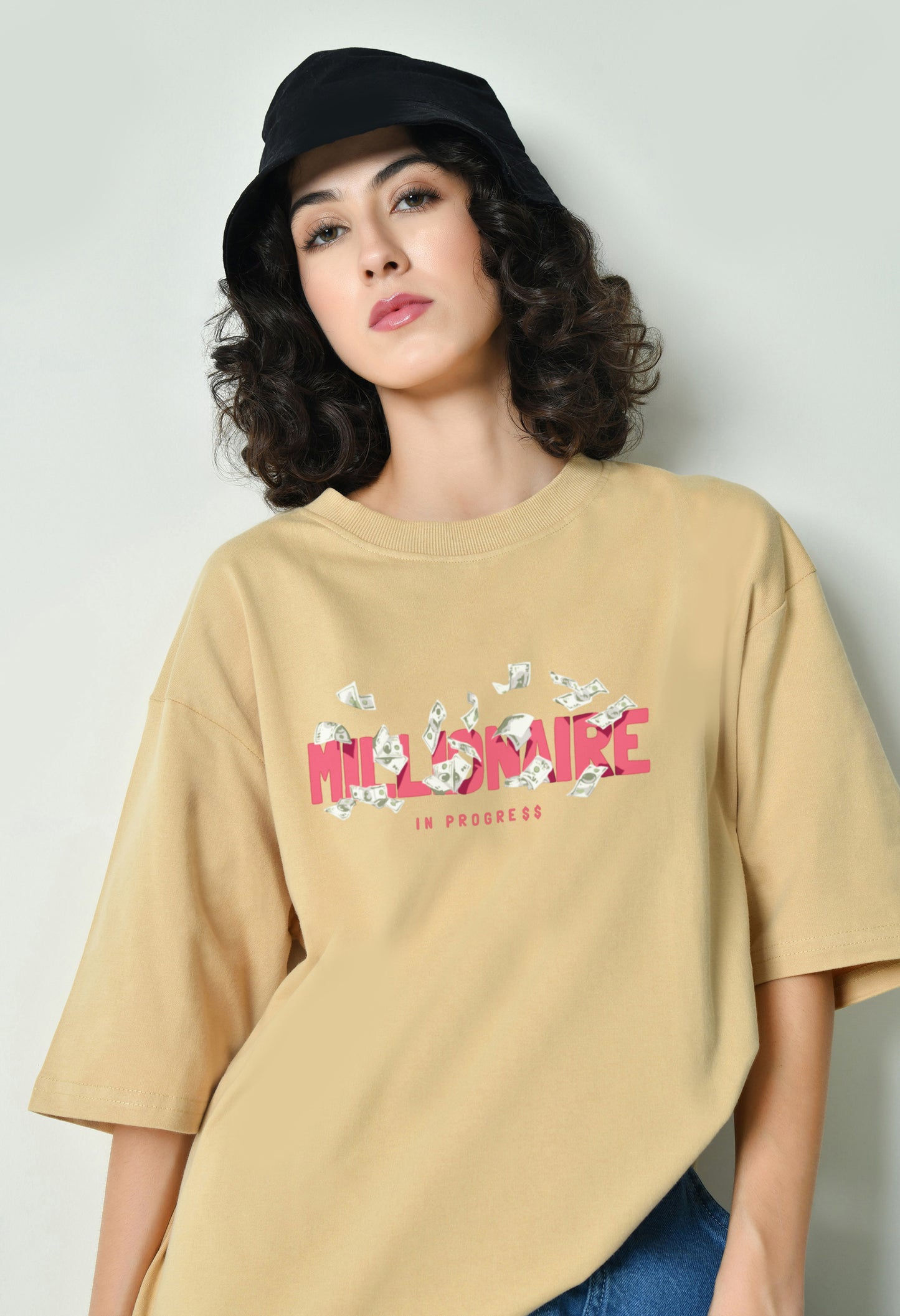 Millionaire In Progress Beige Women Oversized T-Shirt