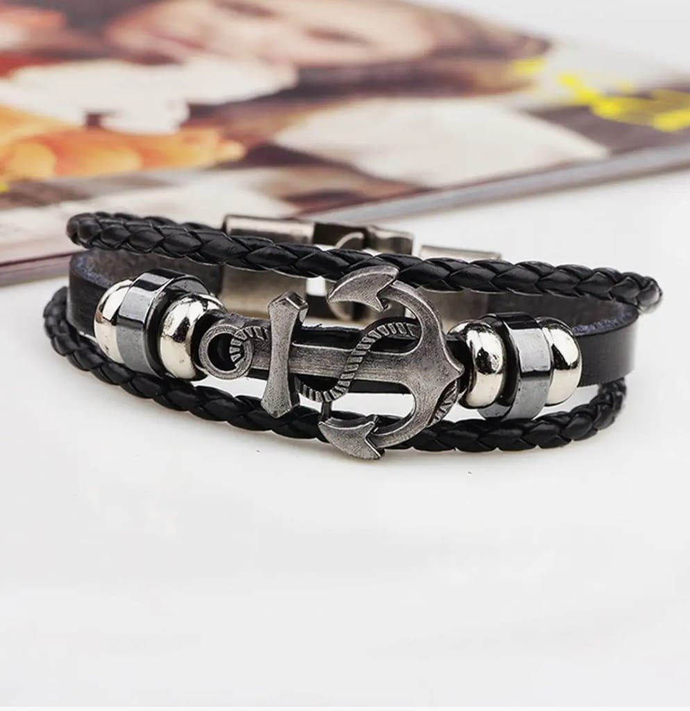 Silver Anchor Charm Black Bracelet For Men