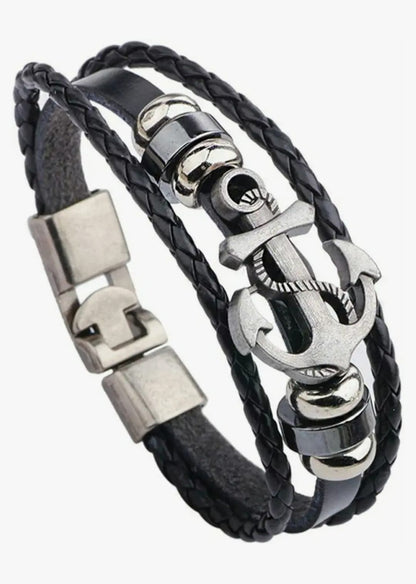 Silver Anchor Charm Black Bracelet For Men