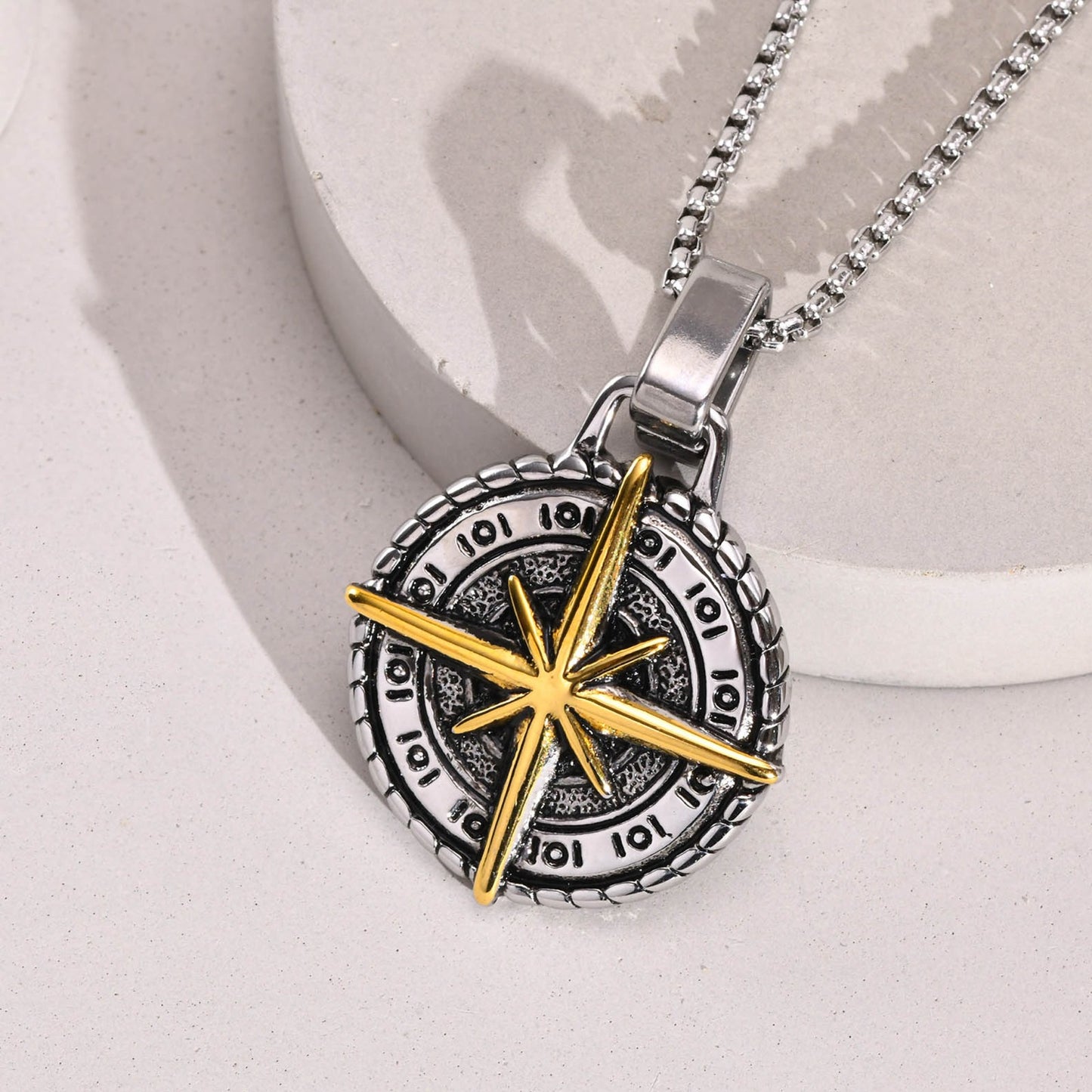 Elegant Gold-Silver Compass Pendant With Chain For Men