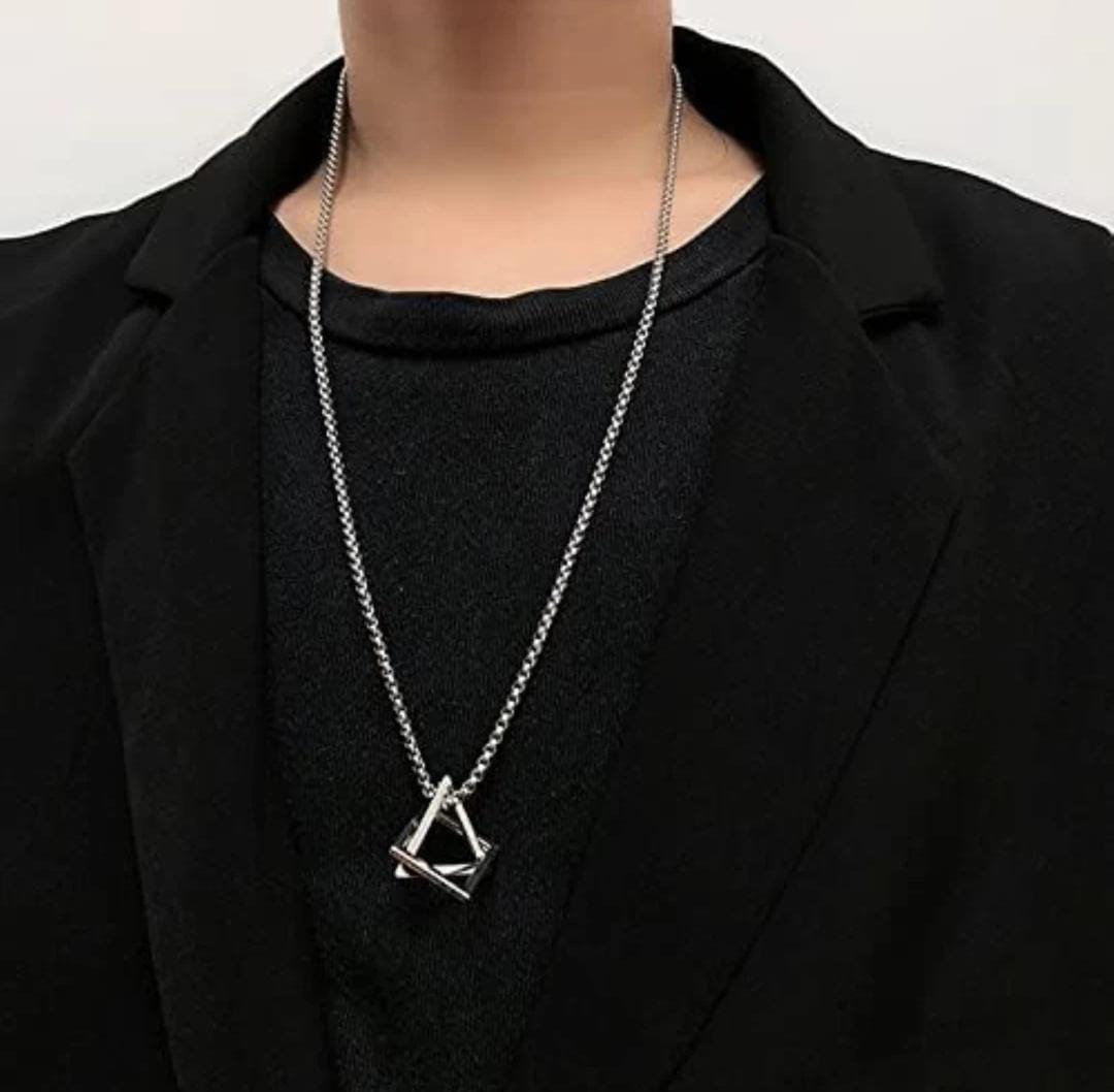 Triangle-Square Fusion Silver Pendant With Chain For Men And Women