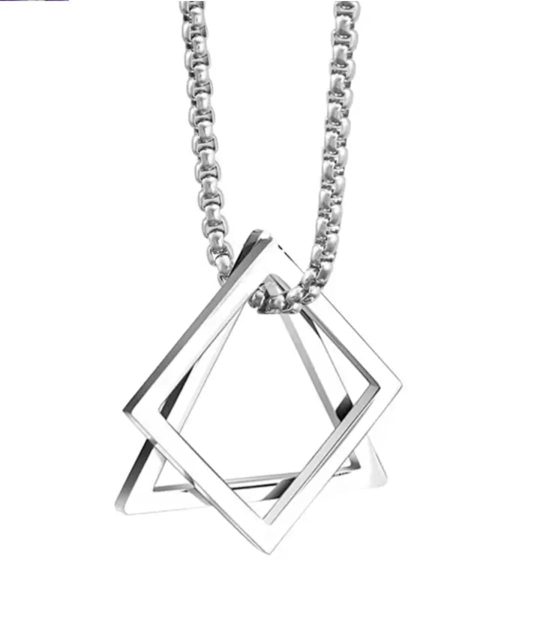 Triangle-Square Fusion Silver Pendant With Chain For Men And Women