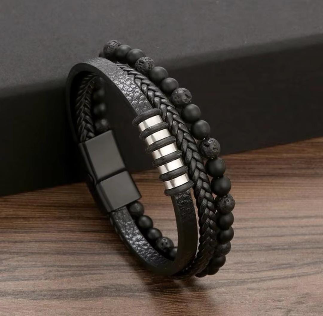 Black Beads Five Cuff Bracelet for Men