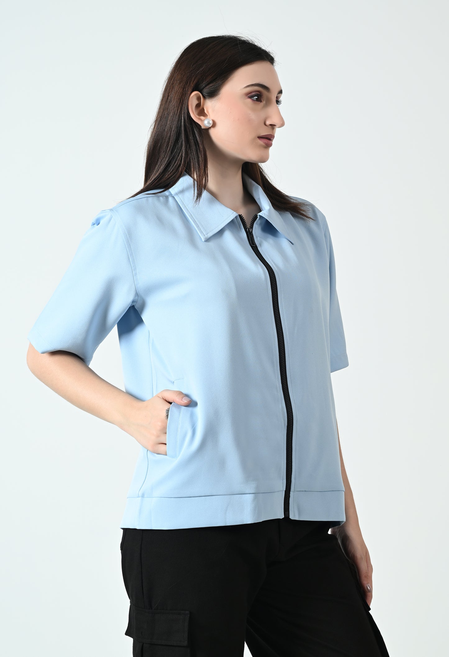 Baby Blue Women's Oversized Half Sleeve Jacket