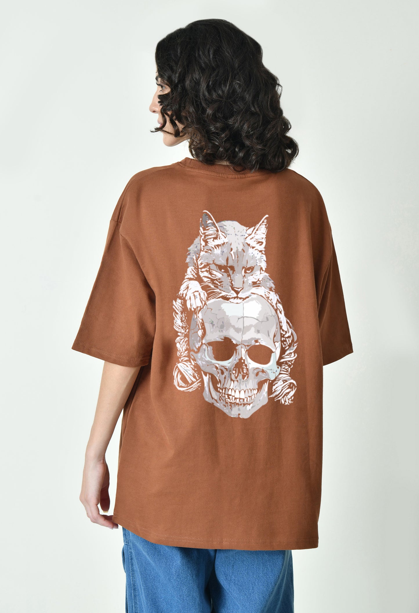 Cat Skull Brown Women Oversized T-Shirt