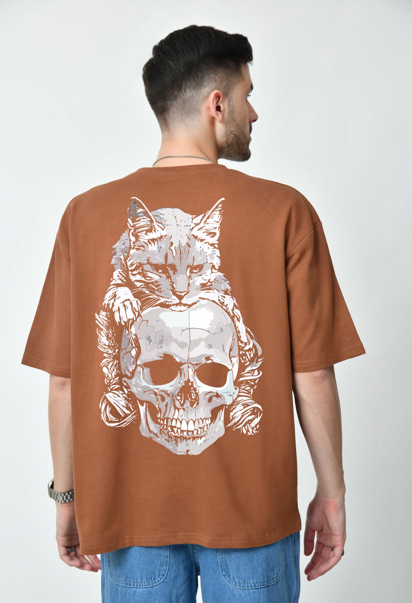 Cat Skull Brown Men's Oversized T-Shirt