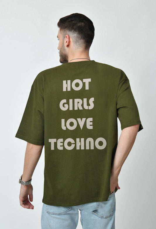 Hot Girls Love Techno Olive Men's Oversized T-Shirt