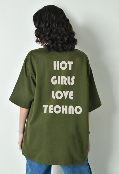 Hot Girls Love Techno Olive Women's Oversized T-Shirt